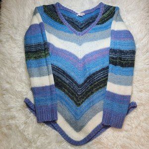 Vtg 90s Bongo Women's Knit Sweater Y2K Sz XL Blue V-Neck Chevron Striped